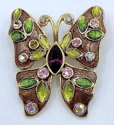 D4-1409 Vintage Brooch Gold Tone Pin 1.5  Brown Rhinestone Butterfly Animal • $3.99