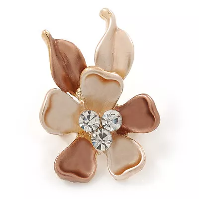 Small Bronze/ Magnolia Enamel Crystal Flower Brooch In Gold Tone - 30mm • £7.50