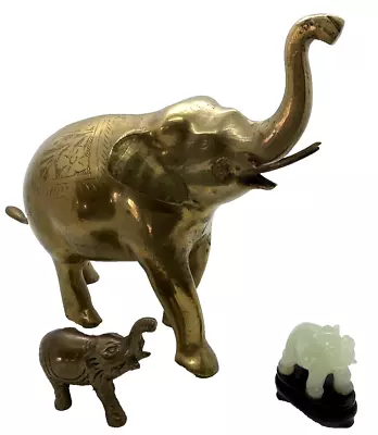 Vintage Lot Of 3 Elephant Figurines 2 Brass 1 Jade Lucky Trunks Up • $19.95