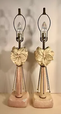 PAIR 1940s-50s Matching Modernist  Chalkware Lamps Flowers & Brass Rods • $200.33