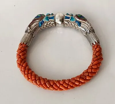 Vintage Chinese Silver Coral  Enamel Dragon Bracelet From Yunnan • $591.16