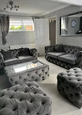 Chesterfield 3 + 2 Seater Sofa Set Velvet + 2 Footstool & Pouffe Mirrored Table • £799