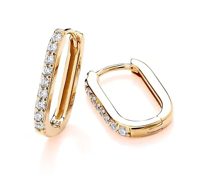 9ct Yellow Gold On Silver Cubic Zirconia Oval Oblong Huggie Hoop Earrings • £15.95