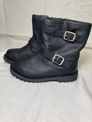 UGG Unisex Baby Harwell 1001515 Black Leather Buckle Side Zip Ankle Boots Size 7 • $26.99