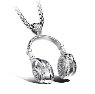 Rock Headphone Pendant Men's Women Chain Silver Black Stainless Steel Necklace • $2.75