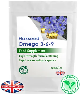 Flaxseed Omega 3-6-9 - 100 Capsules (Vegan) Fatty Acids Joints Heart Skin UK • £10.29