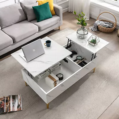 Large White 43  Lift-Top Marble Coffee Table High Gloss Rectangle W/Storage Home • $109.99