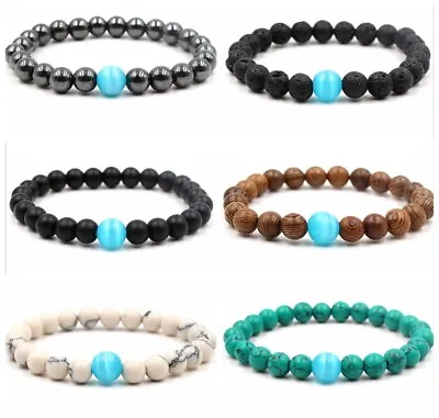 Women Men Beaded Bracelet Wooden Hematite Lava 8MM Stone Beaded Bracelet Jewelry • $1.66