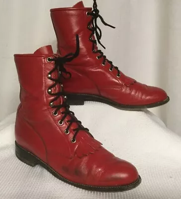 Red Leather Roper Boots Kellie Vintage USA Style L0503 Size 8 Justin Boots • $25