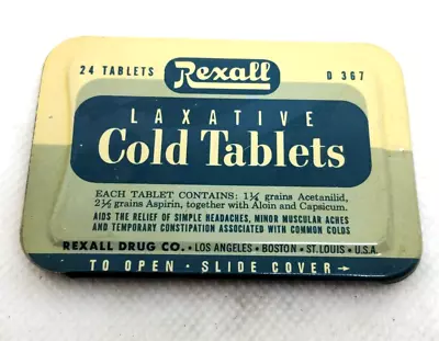 Rexall D367 Laxative Cold Tablets Vintage Medicine Tin Beige 20498 Rexall Drug C • $7