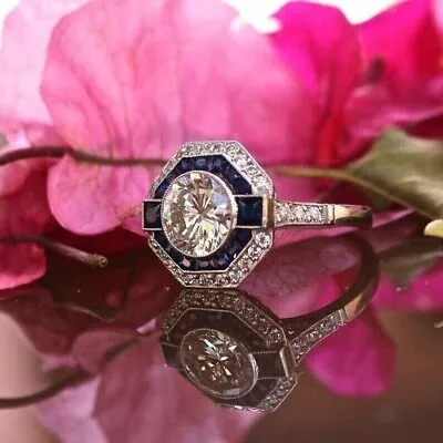 Art Deco Vintage Style 3Ct Lab-Created Diamond & Sapphire Engagement Silver Ring • $74.20