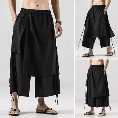 US STOCK Mens Gothic Hippie Loose Trousers Asymmetrical Hem Dance Baggy Trousers • $21.42