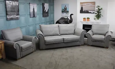 COLLINS & HAYES JEFFERSON L2 SEATER SOFA & 2x ARMCHAIRS IN GREY LEATHER • £2599