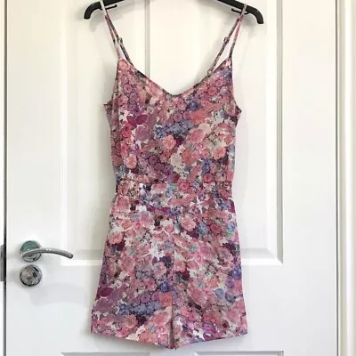 Rrp £30 - Bershka Pink Multi Polyester Floral Sexy V-neck Strappy Cami Playsuit • £6.88