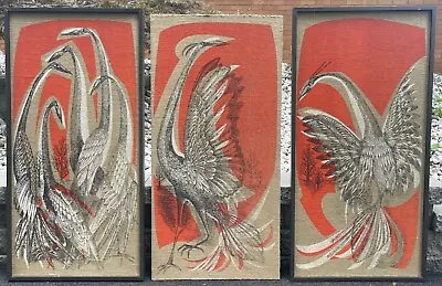 Vintage 1960s Mod Bird Tryptic Burlap Print Wall Hangings Mid Century Modern MCM • $1500