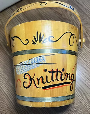 Vintage Genuine Woodcraftery Hand Painted Wood Bucket W/ Handle 10 X 10 • $62.22