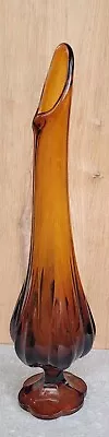 Vtg MCM  16  Viking Glass Column Ribbed  Honey Amber Swung Flame Petal Base Vase • $124.95