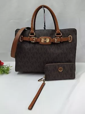 Michael Kors Hamilton Brown Leather MK Printed Tote With Matching Wallet • $128
