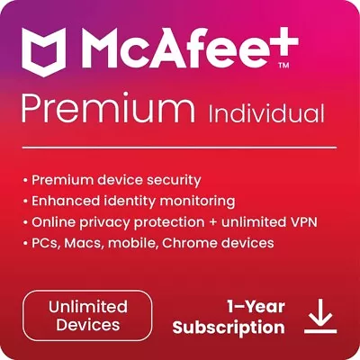 McAfee+ Premium Individual 2024 | DIRECT FROM MCAFEE | Same Day Digital Delivery • $99.95