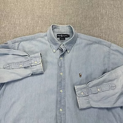 Vintage Ralph Lauren Button Shirt Mens XL Blue Denim Chambray Long Sleeve Pony • $22.88