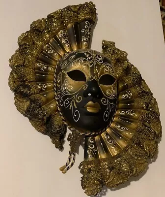 Mask Venice Face Woman Fan Gold And Black Name Is Night Made In Venice Italy • $299