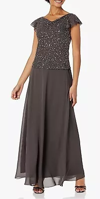 Sz 12 J Kara Women's Beaded Cowl Neck Flutter Sleeve Long Gown Dress Slate Gray • $39.99