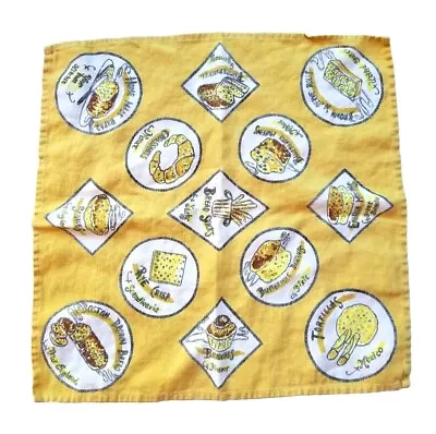 Vintage Square Bread Basket Liner Napkin Yellow W/ Various Breads Pattern Cotton • $2