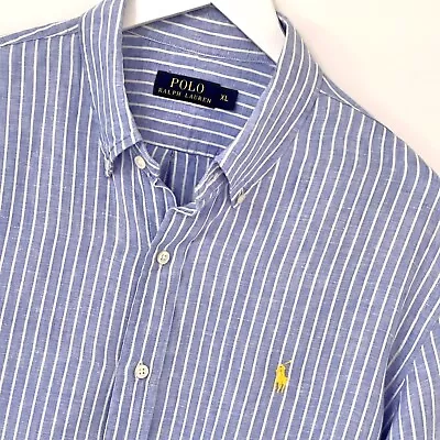 Mens Polo Ralph Lauren Blue White Linen Long Sleeve Shirt Size XL Extra Large • £14.50