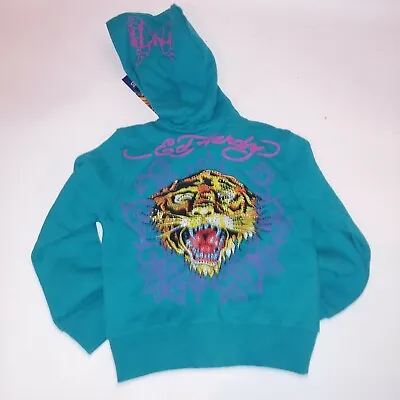 Ed Hardy Girls Sweater Size 4/5 Teal Bling Tiger Hoodie Full Zip Long Sleeve New • £63.34