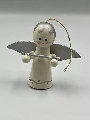 White Silver Wood Angel Playing A Flute Christmas Ornament Holiday Decoration • $8.90