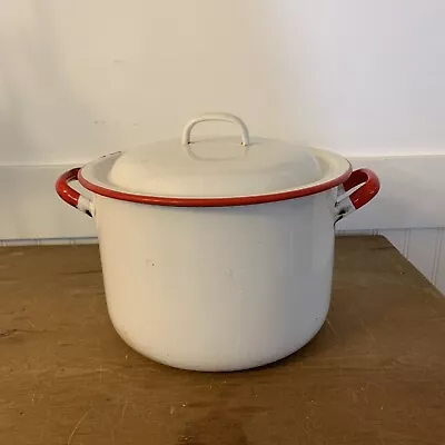 Vintage White & Red Enamel Stock Pot ~9.25” X 6.5” W/Lid • $29.95