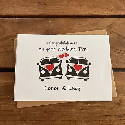 Handmade Personalised Wedding Card - Campervan Design Personalised With Names • £4