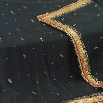 Sanskriti Vintage Long Black Dupatta/Stole Pure Chiffon Silk Hand Beaded Scarves • $21.99