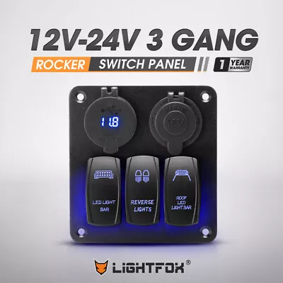 LIGHTFOX 3 Gang Rocker Switch Panel ON-OFF Toggle Voltmeter USB Car Boat Marine • $34.95