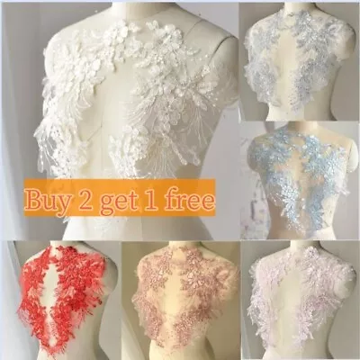 1 Pair 3D Flower Lace Embroidery Bridal Applique Beaded Tulle DIY Wedding Dress • £4.59