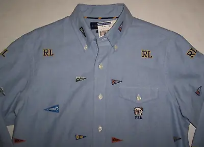 NWT Ralph Lauren Blue COLORFUL PENNANTS FLAGS Oxford Shirt M BULL DOG Polo SHARP • $74.99