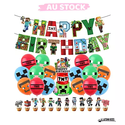 $4.99 • Buy Minecraft Happy Birthday Banner Cake Topper Balloons Party Supplies Deco Bundle