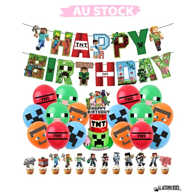 $4.99 • Buy Minecraft Happy Birthday Banner Cake Topper Balloons Party Supplies Deco Bundle
