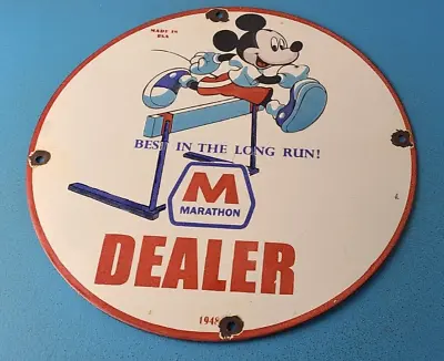 Vintage Marathon Gasoline Sign - Porcelain Disney Mickey Station Pump Sign • $144.47