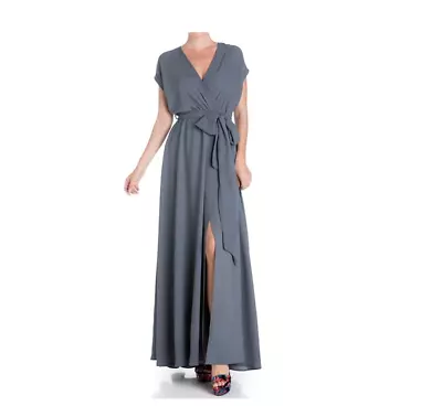 MEGHAN LOS ANGELES JASMINE FAUX WRAP HIGH SLIT STEEL GREY MAXI DRESS  Sz M • $79.99