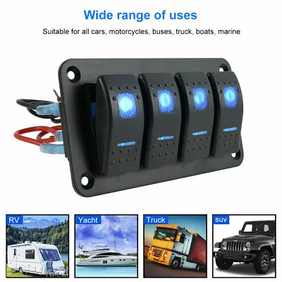 4 Gang Blue LED Toggle Rocker Switch Panel Breakers Car Marine Boat RV 12V • $18.95