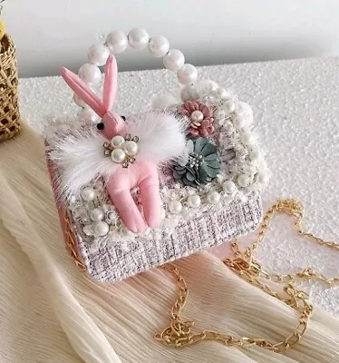 Pink Gold Tweed Embellished Rabbit Evening Bag Crossbody Pearl Handle Handbag • £19.95