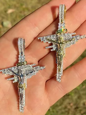 Mens Real Solid 925 Silver Gold Plated Iced Baguette CZ Jesus Cross Hip Hop • $81.88