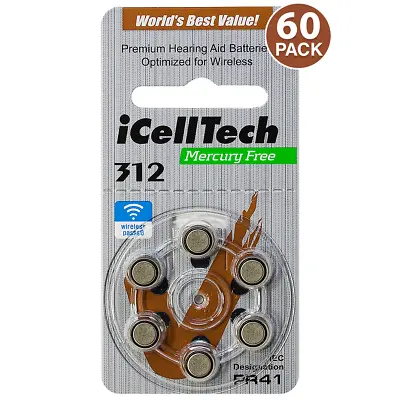 ICellTech Size 312 PR41 P312 MF Zinc Air Hearing Aid Batteries (60 Pack) • $14.95