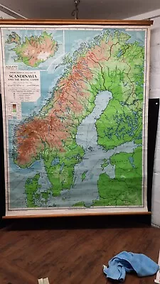 Vintage Linen School Wall Map Scandinavia 1966 George Philip  Harold Fulle • $149.20