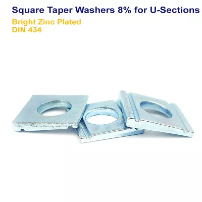 M16 - 16mm SQUARE TAPER WASHERS 8% FOR U-SECTIONS BRIGHT ZINC PLATED - DIN 434 • £8.09