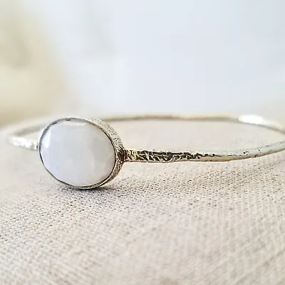 8  Natural Oval Rainbow Moonstone ATI INDIA 925 Silver Bangle Bracelet • $17.99