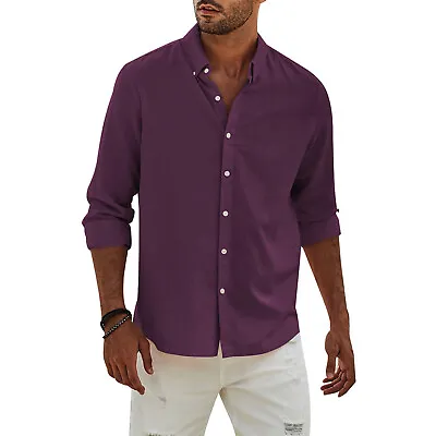 Mens Long Sleeve Slim-Fit Dress Shirt Casual Plain Button-up Formal Tops T-Shirt • $17.99