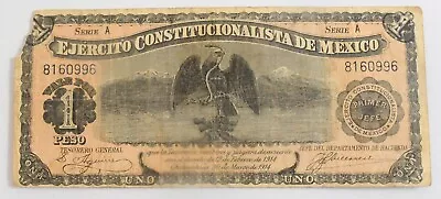 1914 Mexico 1 Peso Banknote Currency EJERCITO CONSTITUCIONALISTA (#996) • $20