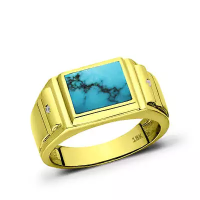 18K Yellow Fine Gold Turquoise Mens Heavy Ring With 2 Natural Diamonds Accents • $1329